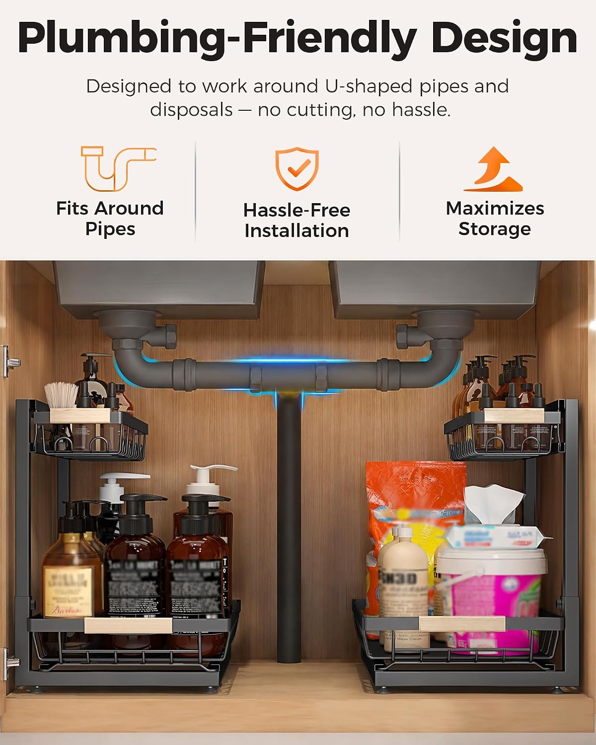 2-Pack 2-Tier Adjustable Under Sink Organizer Review: Multi-purpose, Space-Saving Black Shelves. - Image 3