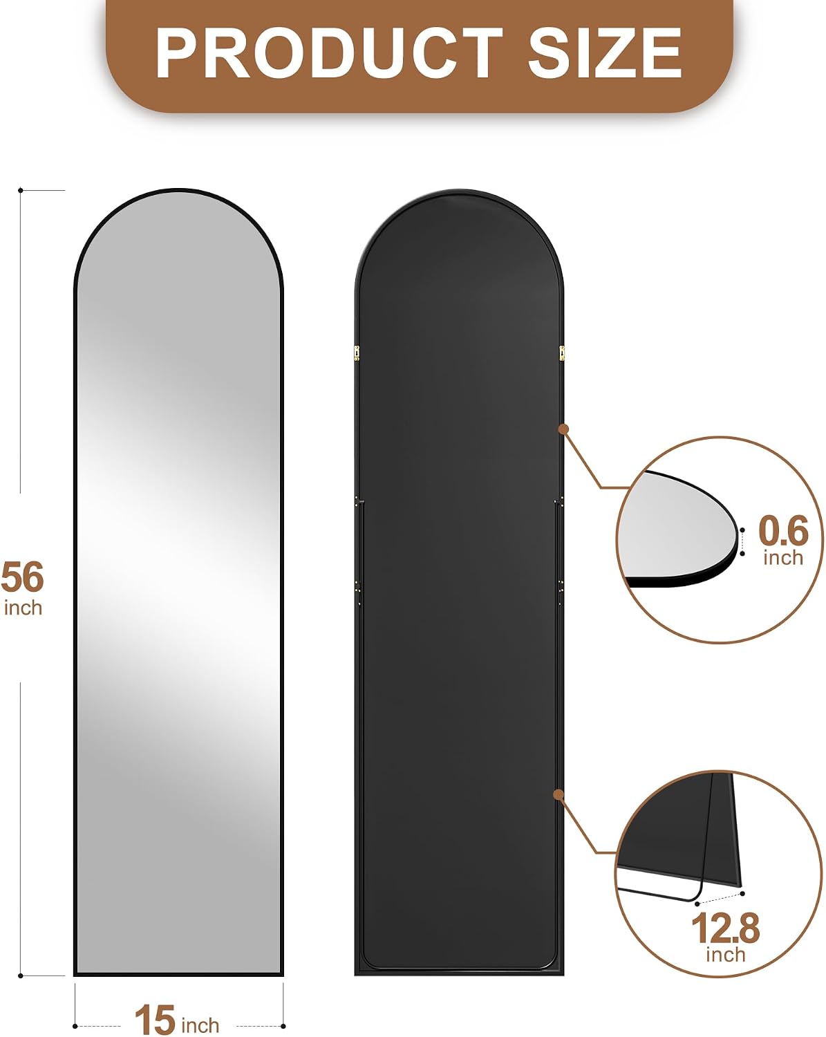 Black Arched Full Length Mirror. Free-standing/Wall Mount. HD Aluminium Frame. - Image 3