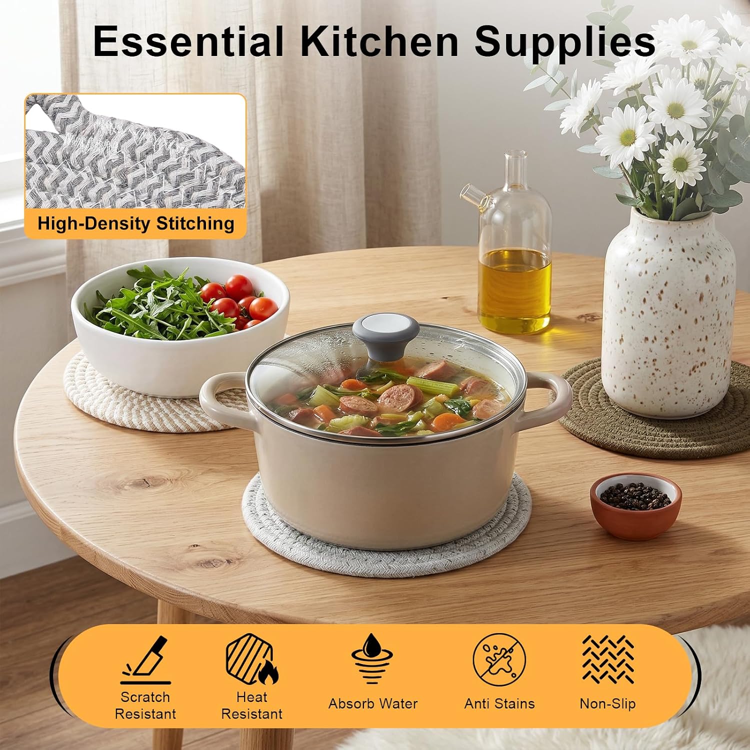 Gray 6-Pack Cotton 7" Trivets: Protect Counters from Heat, Scratches & Stains - Image 3