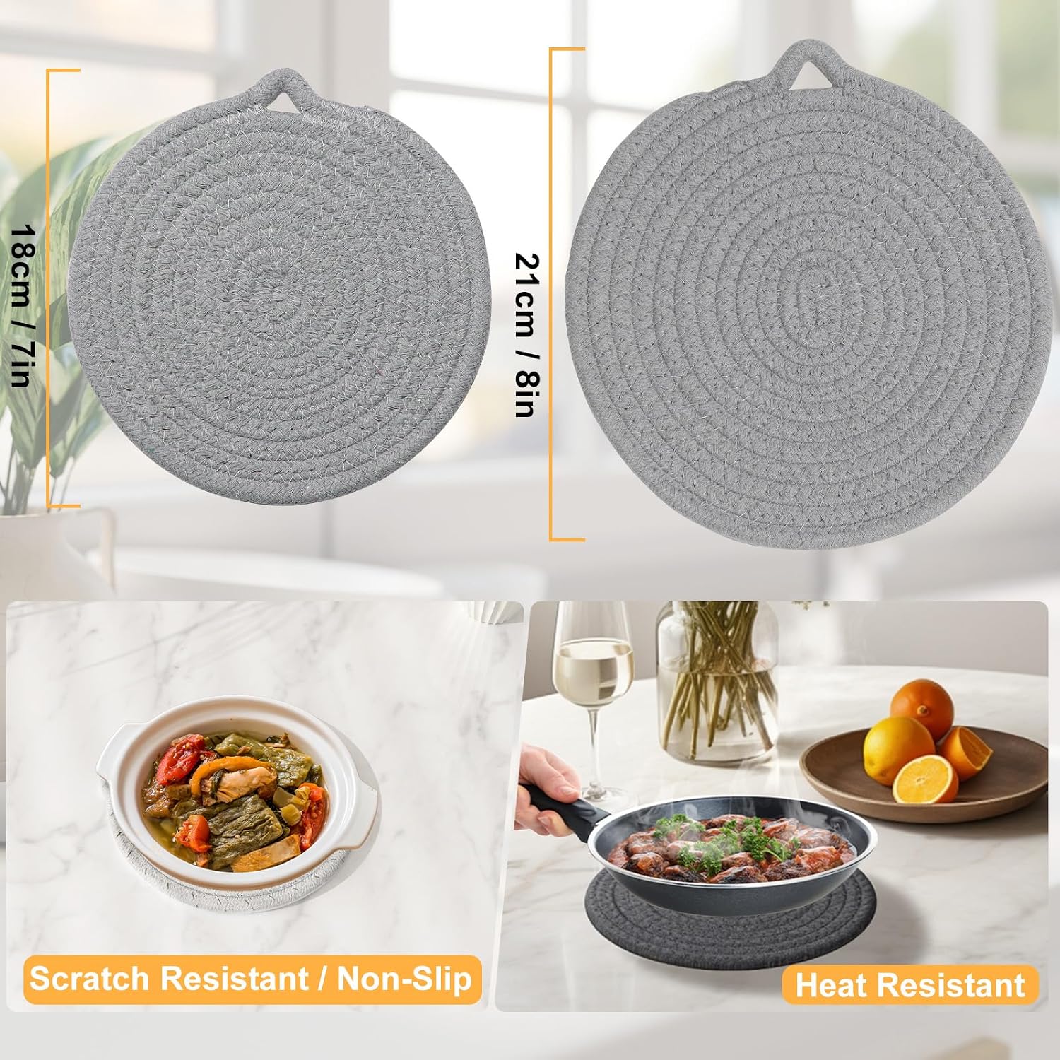 Gray 6-Pack Cotton 7" Trivets: Protect Counters from Heat, Scratches & Stains - Image 6