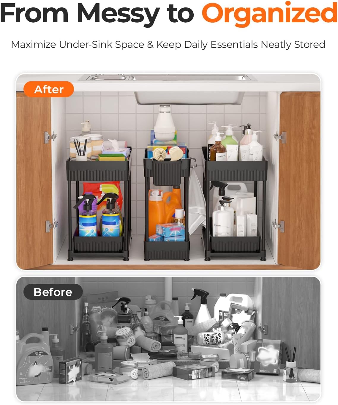 Reviewed: 3-Pack Black 2-Tier Under Sink Sliding Organizers - Image 2