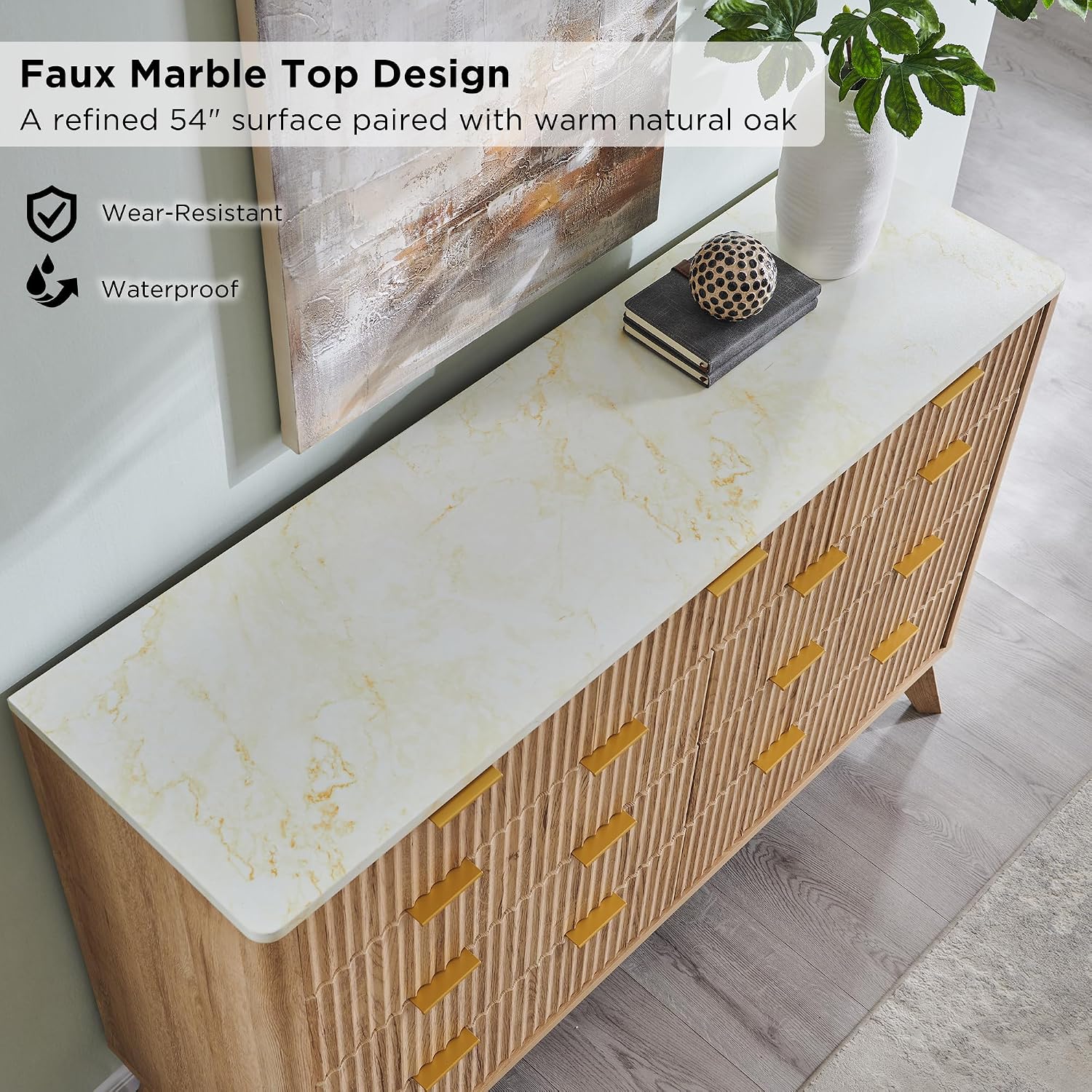 Review: MCM 54" Fluted 9-Drawer Dresser - Oak, Faux Marble, Curved - Image 4