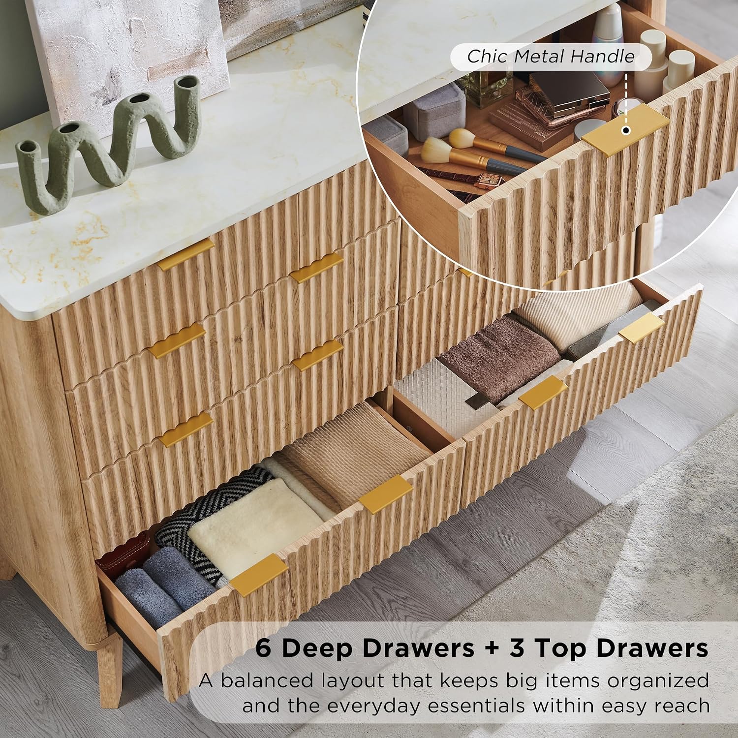 Review: MCM 54" Fluted 9-Drawer Dresser - Oak, Faux Marble, Curved - Image 5