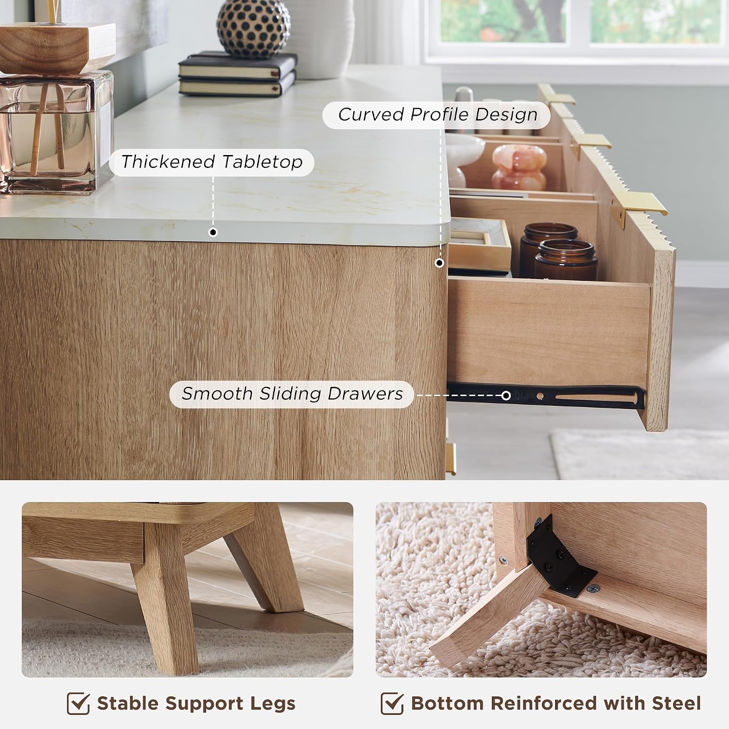 Review: MCM 54" Fluted 9-Drawer Dresser - Oak, Faux Marble, Curved - Image 6