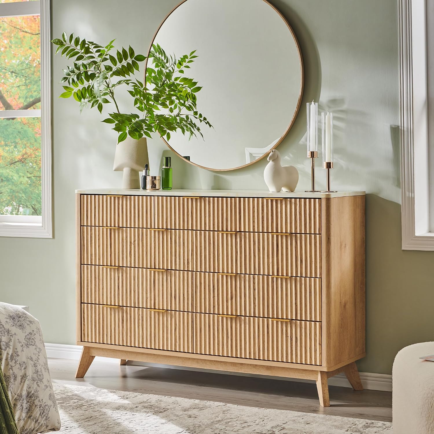 Review: MCM 54" Fluted 9-Drawer Dresser - Oak, Faux Marble, Curved - Image 7