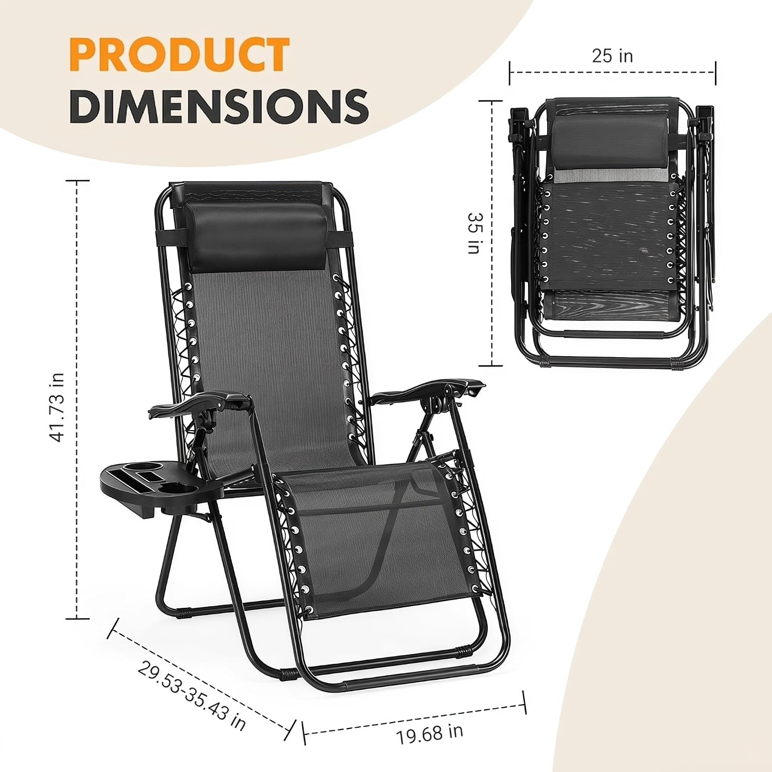 2-Pack Portable Zero Gravity Recliners w/ Adjustable Pillow & Cup Holders - Image 3