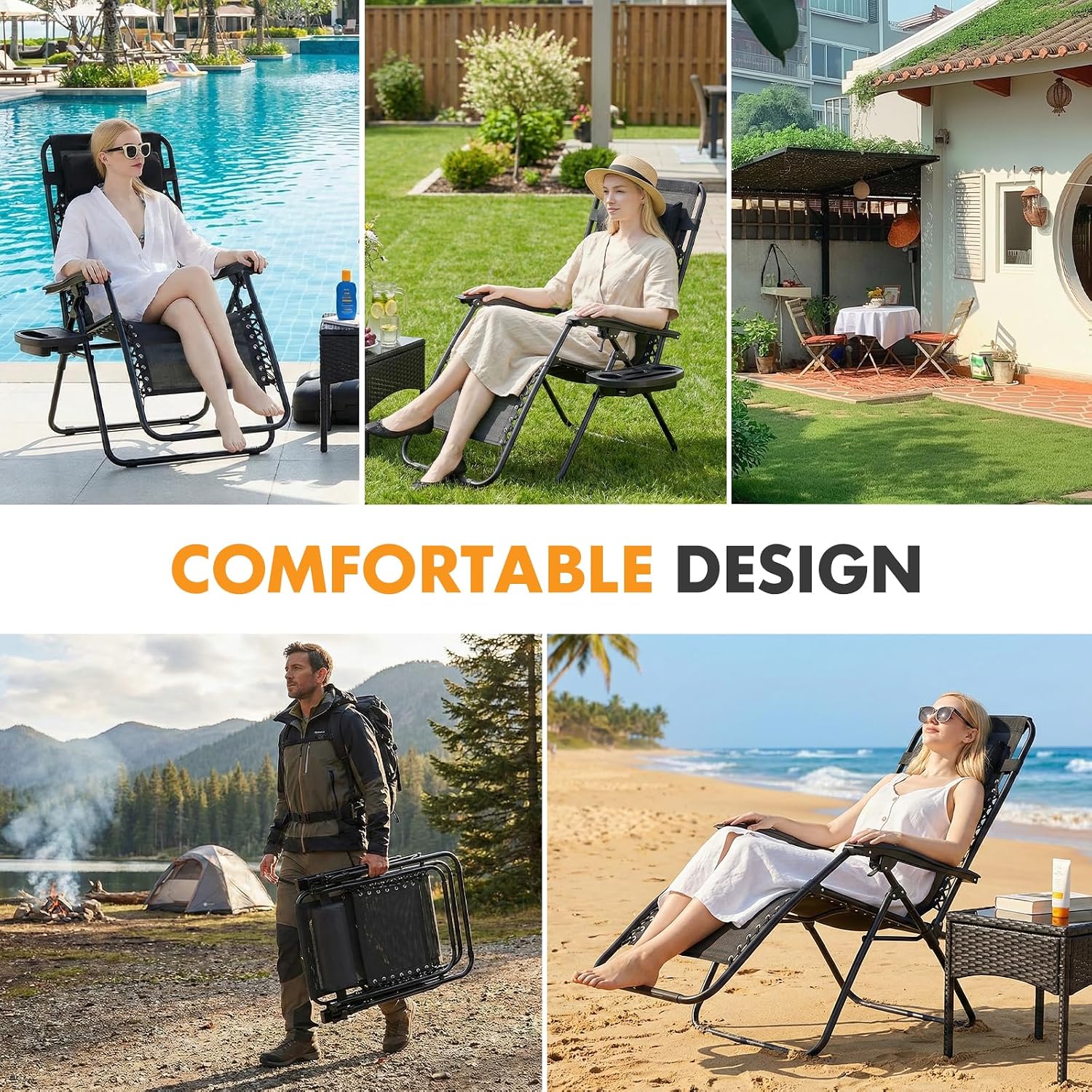 2-Pack Portable Zero Gravity Recliners w/ Adjustable Pillow & Cup Holders - Image 7