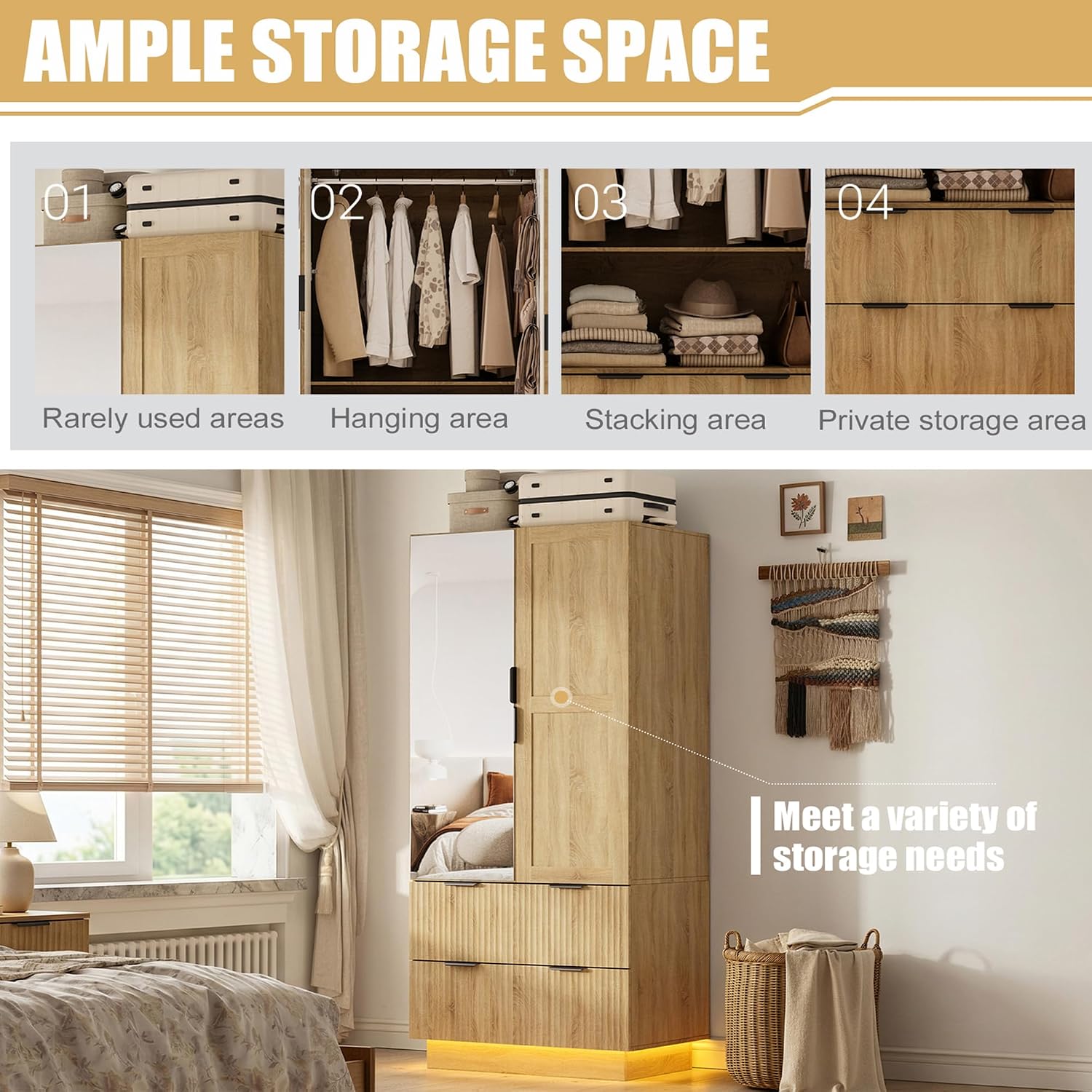 Wooden Armoire Wardrobe Review: 4 Doors, Pegboard, Mirrors, Drawers & LEDs - Image 3