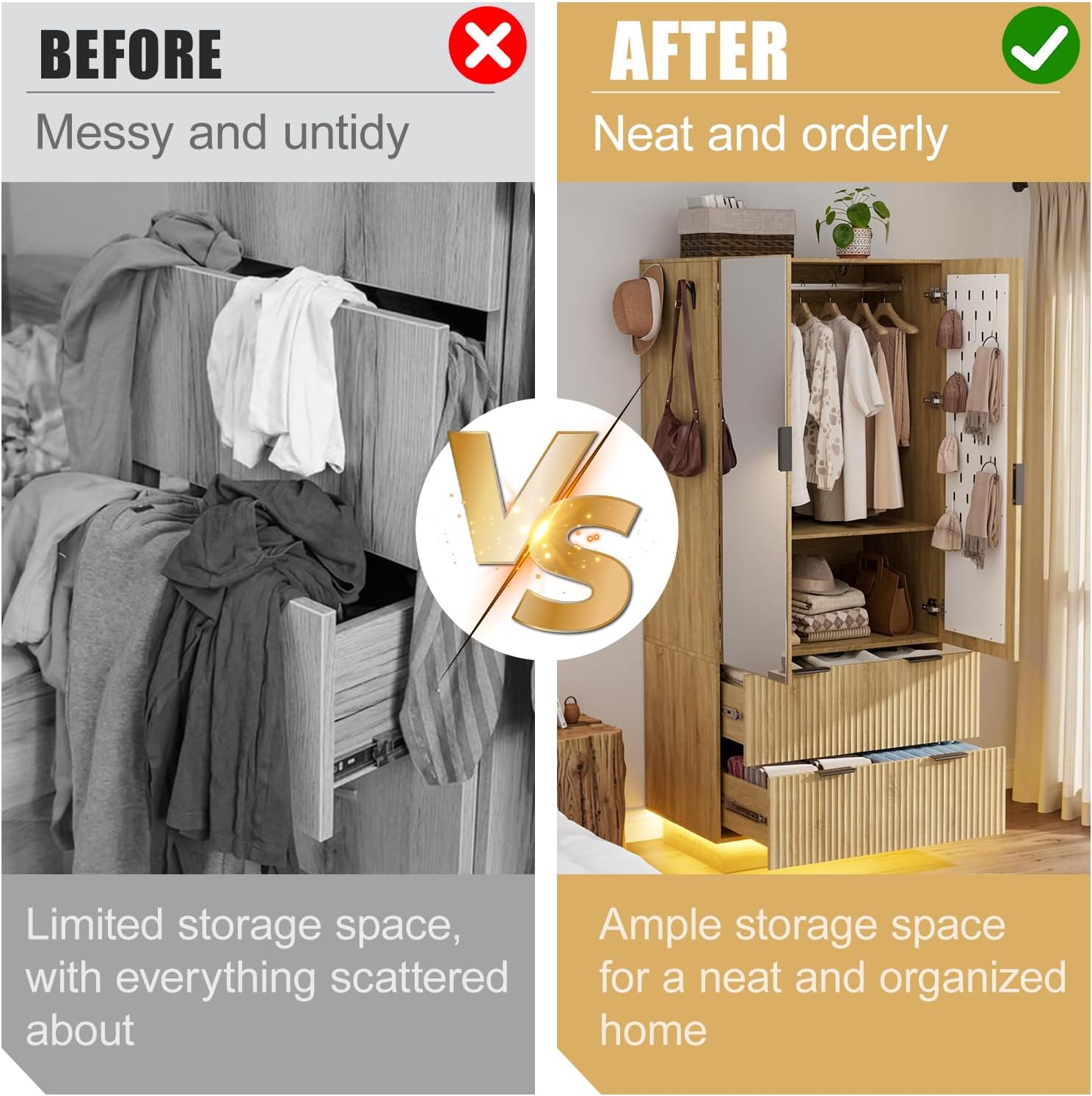 Wooden Armoire Wardrobe Review: 4 Doors, Pegboard, Mirrors, Drawers & LEDs - Image 4