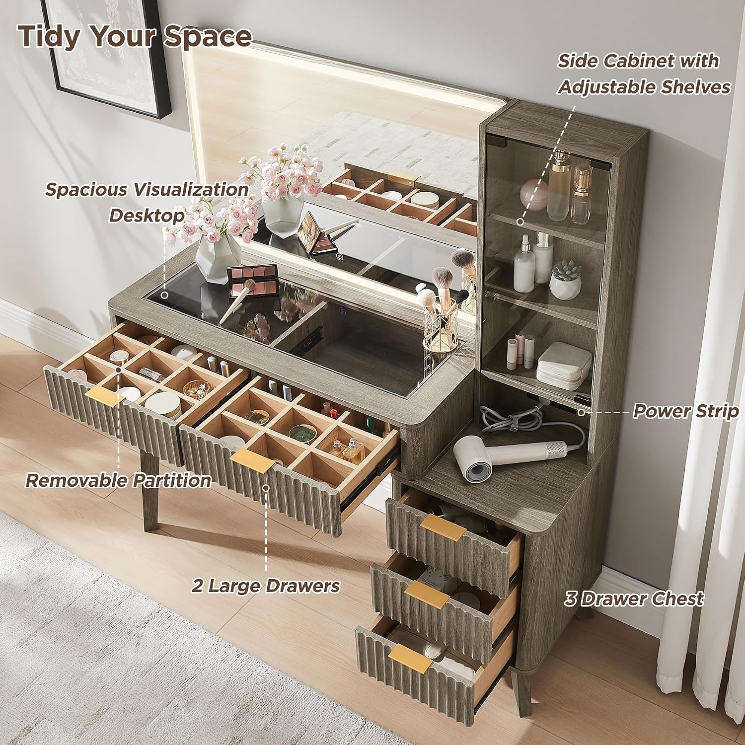 T4TREAM Smart Vanity Review: 48" Desk, LED Mirror, Glass Top, Storage, Charging. - Image 3