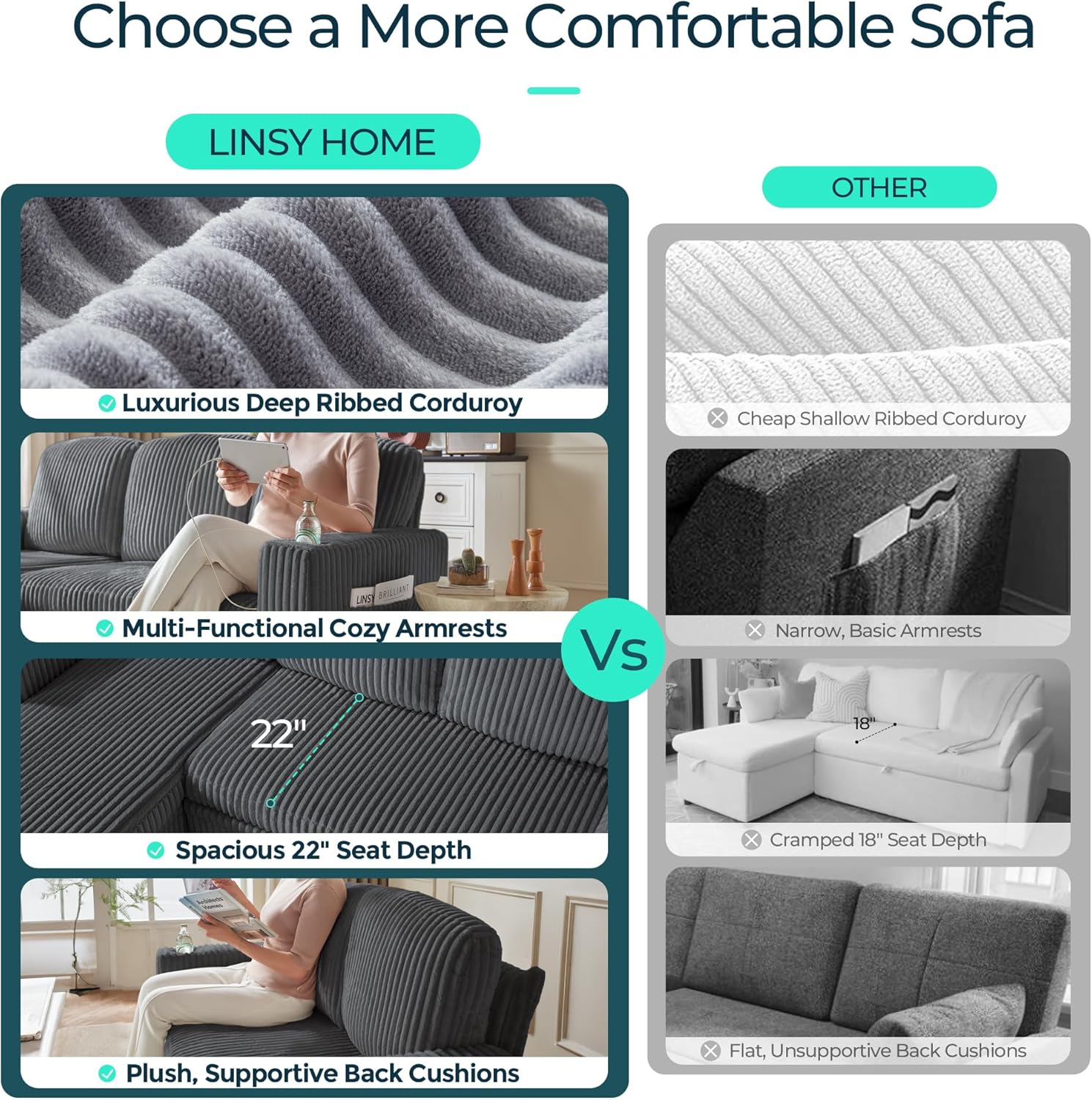 LINSY HOME 81" L-Shape Grey Corduroy Sleeper Sectional w/ Pull-Out Bed, Storage - Image 3