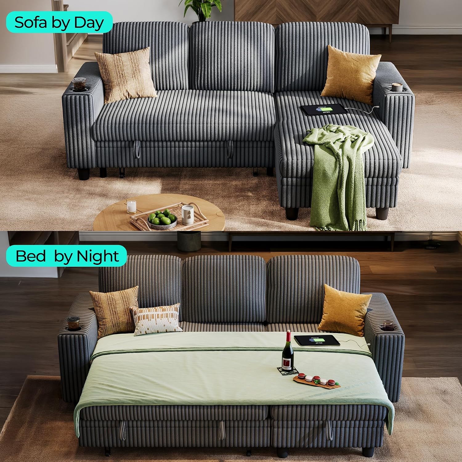 LINSY HOME 81" L-Shape Grey Corduroy Sleeper Sectional w/ Pull-Out Bed, Storage - Image 4