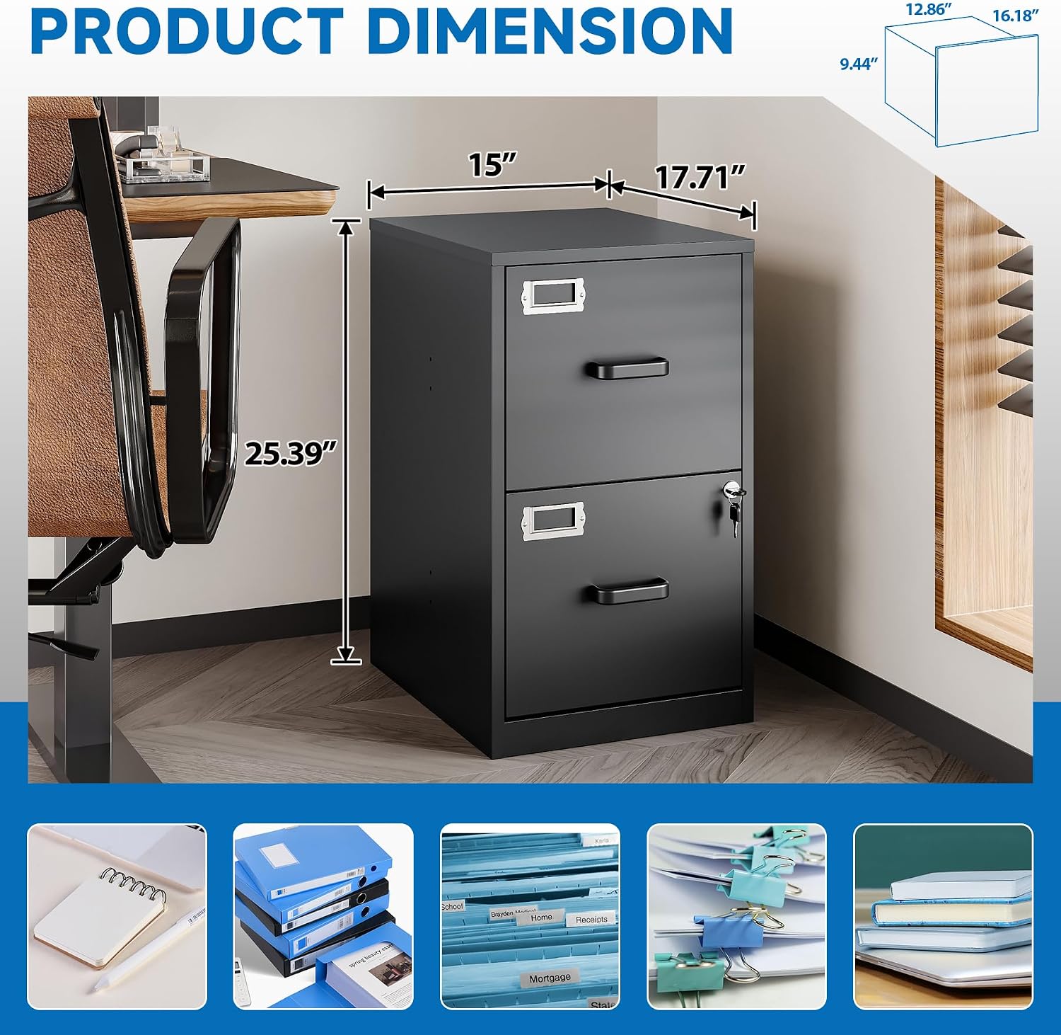 Steel 2-Drawer Vertical File Cabinet, Letter Size, Lock, Home Office, Assembly - Image 3