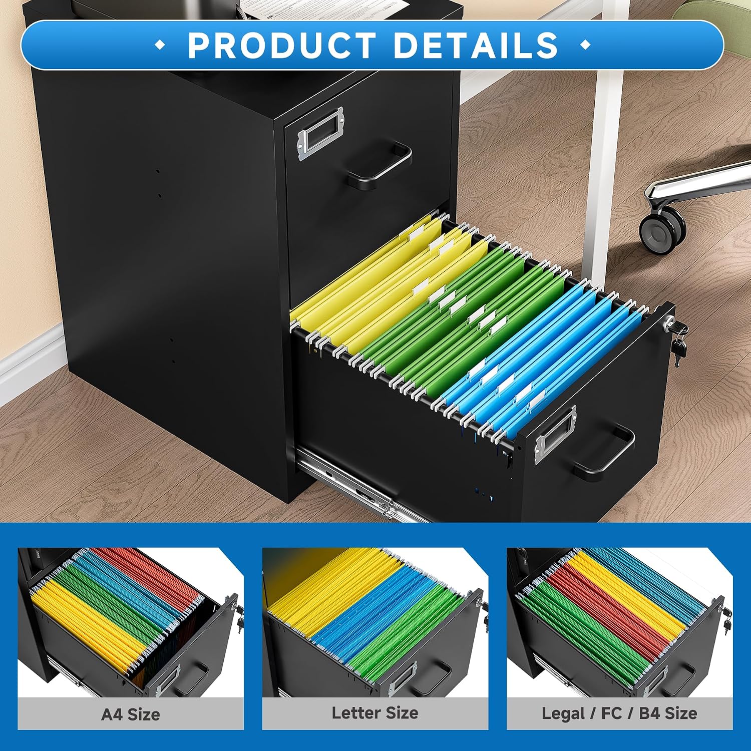 Steel 2-Drawer Vertical File Cabinet, Letter Size, Lock, Home Office, Assembly - Image 4