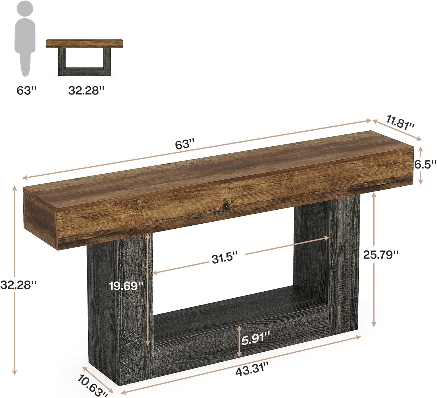 63" 2-Tier Console Table Review: Narrow U-Base Entryway/Sofa Table, Brown/Gray - Image 2