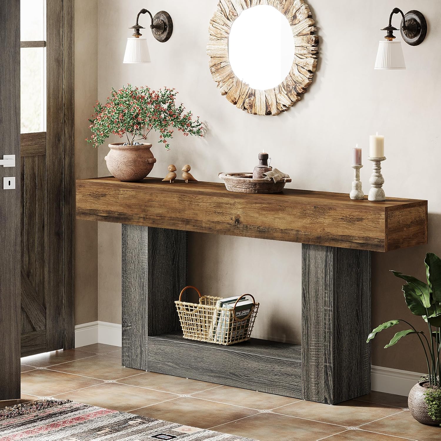 63" 2-Tier Console Table Review: Narrow U-Base Entryway/Sofa Table, Brown/Gray - Image 3