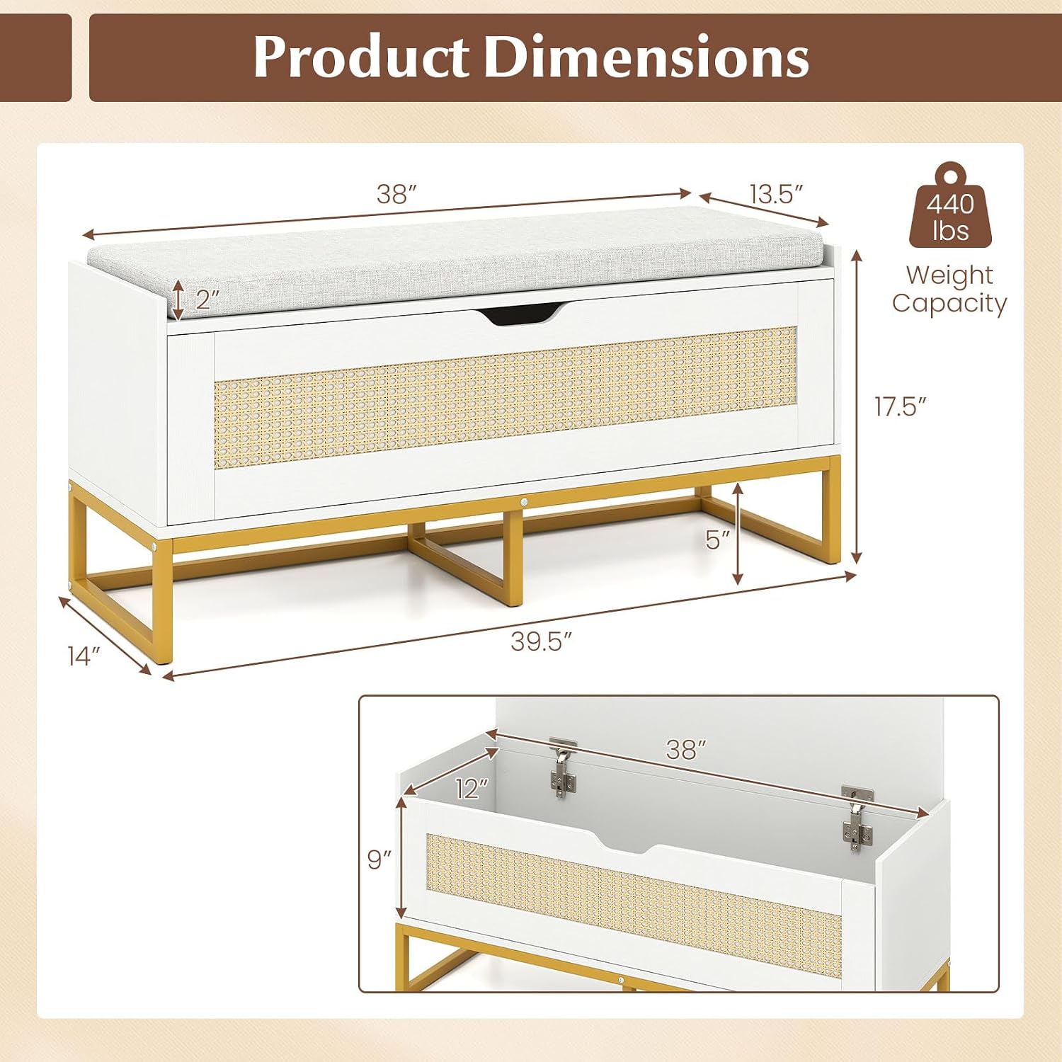 GOFLAME Modern 39.5" White Rattan Storage Bench, Padded Flip-Top Seat - Image 3
