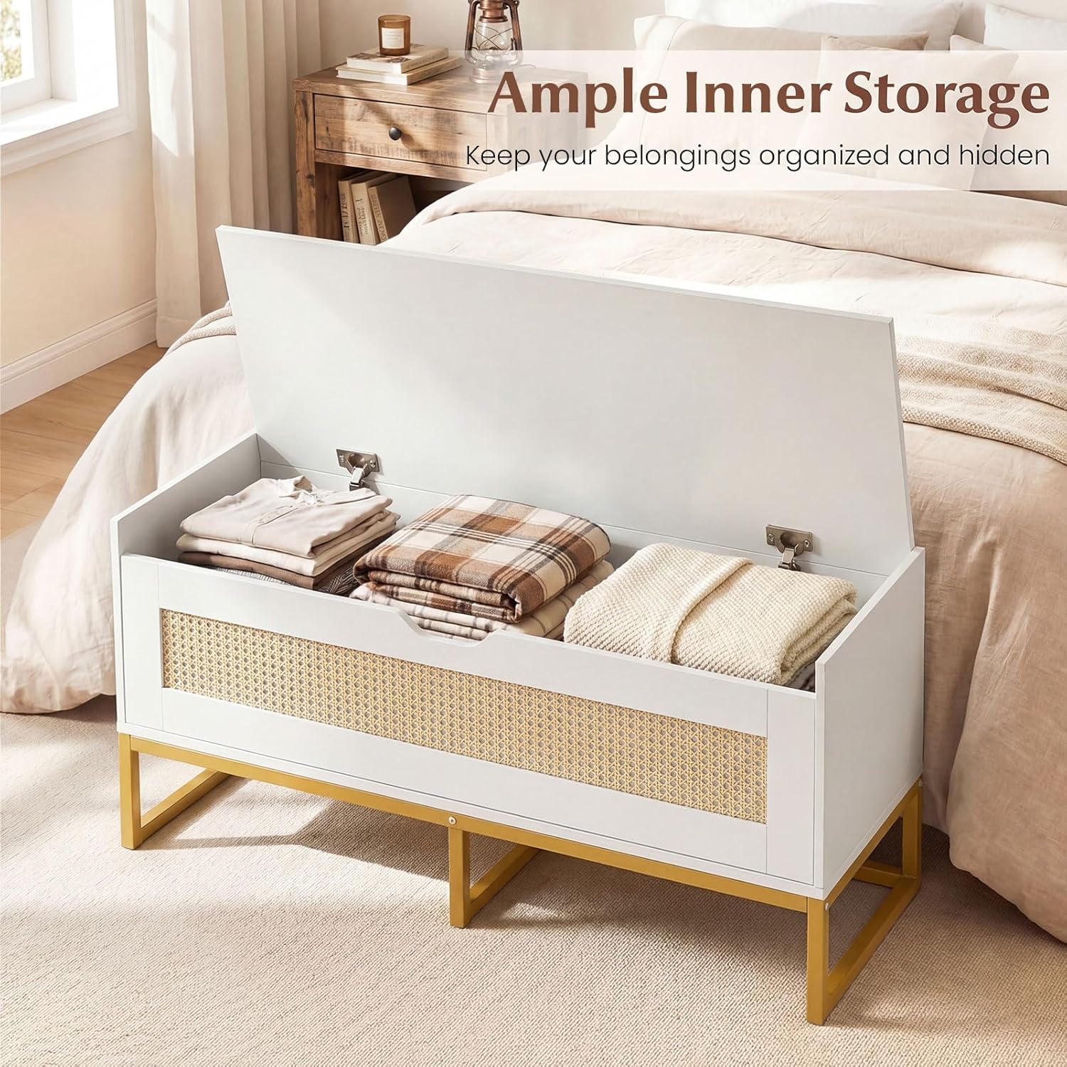 GOFLAME Modern 39.5" White Rattan Storage Bench, Padded Flip-Top Seat - Image 4