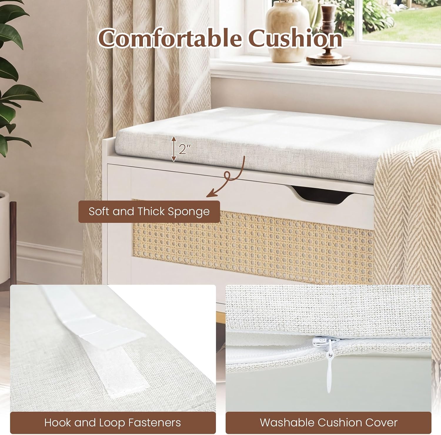GOFLAME Modern 39.5" White Rattan Storage Bench, Padded Flip-Top Seat - Image 5