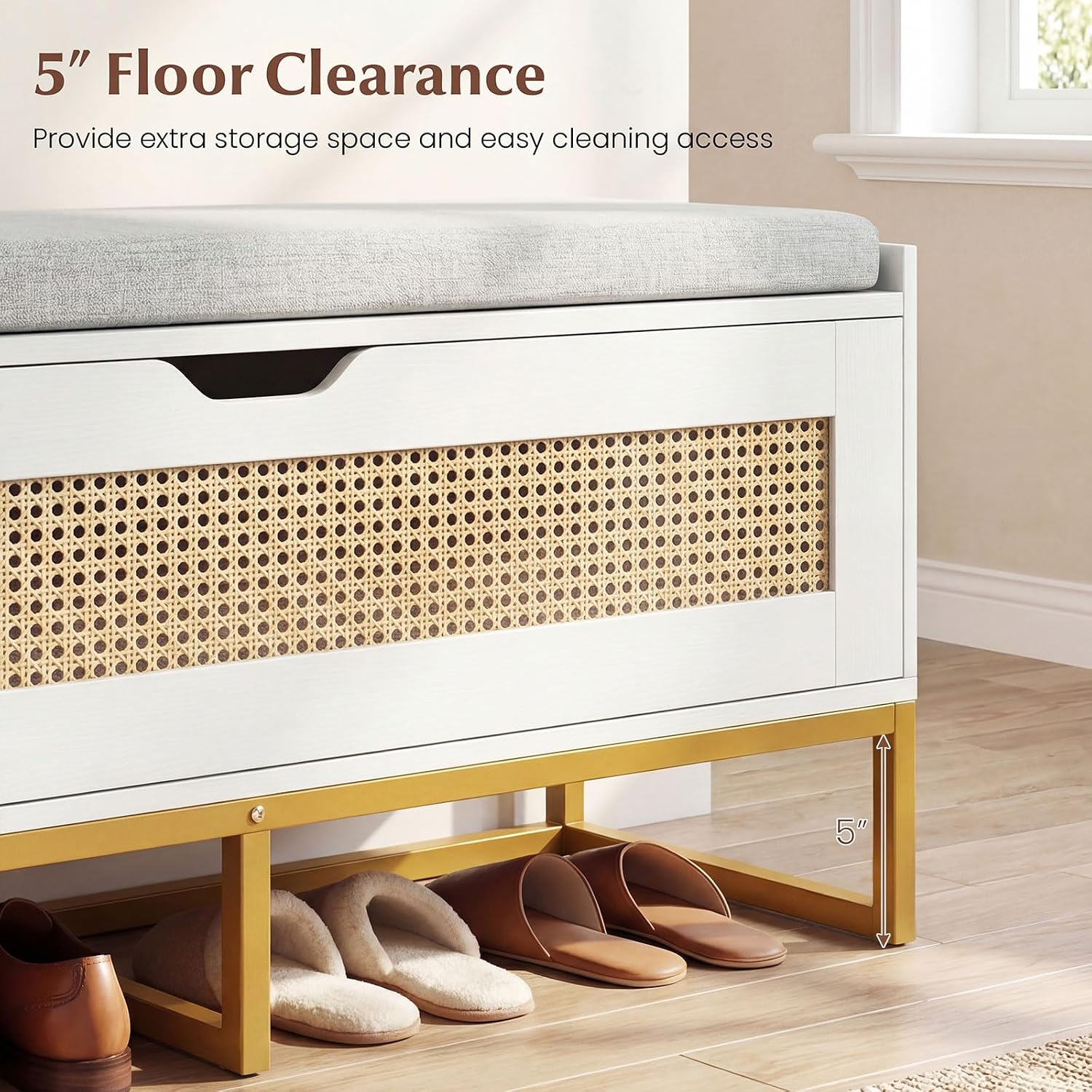 GOFLAME Modern 39.5" White Rattan Storage Bench, Padded Flip-Top Seat - Image 7