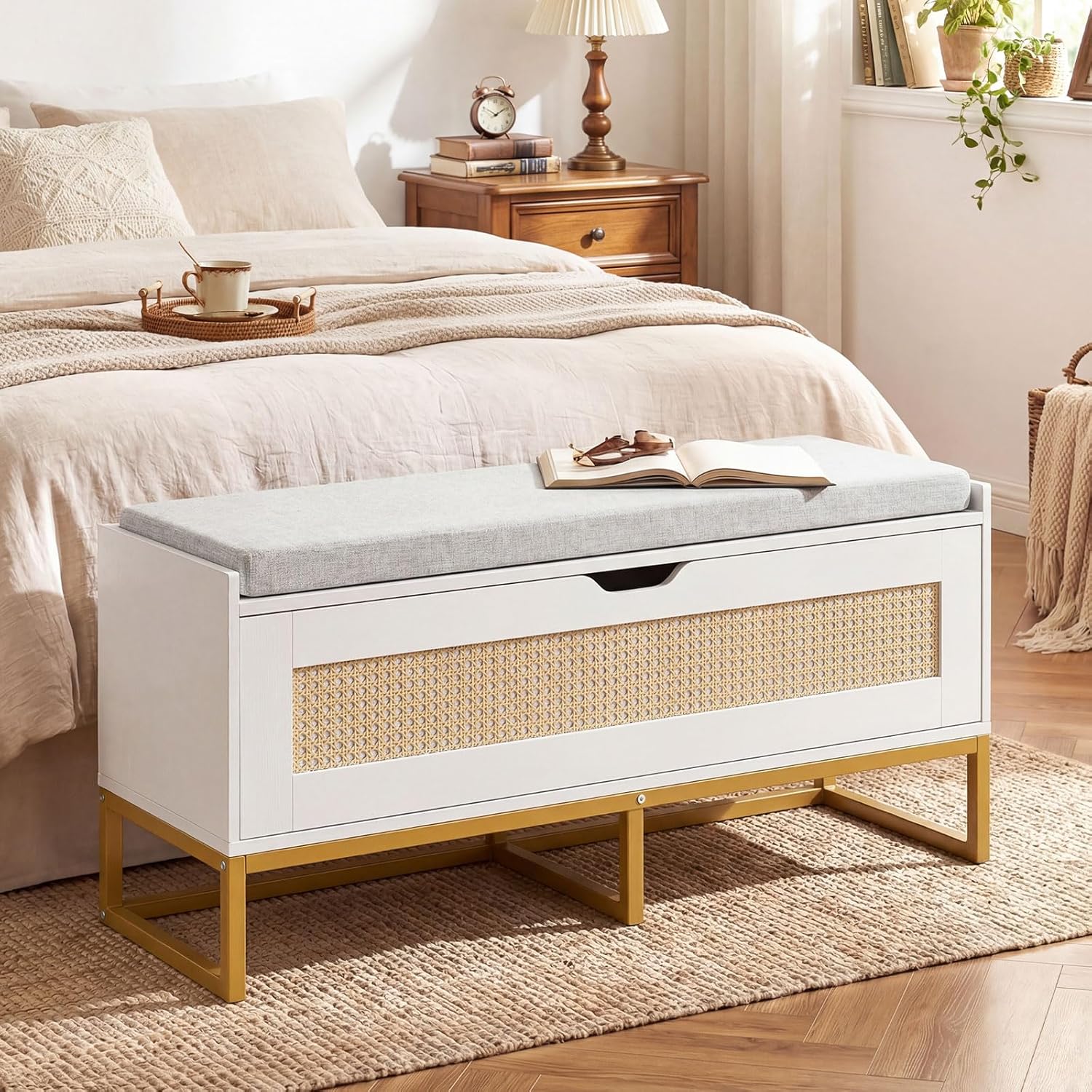 GOFLAME Modern 39.5" White Rattan Storage Bench, Padded Flip-Top Seat - Image 9