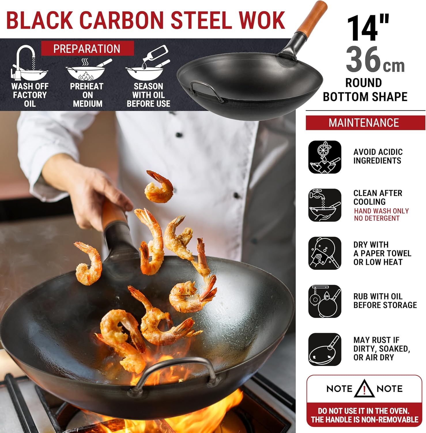 14" Pre-Seasoned Carbon Steel Round Wok for Stir Fry & Outdoor Cooking - Image 3
