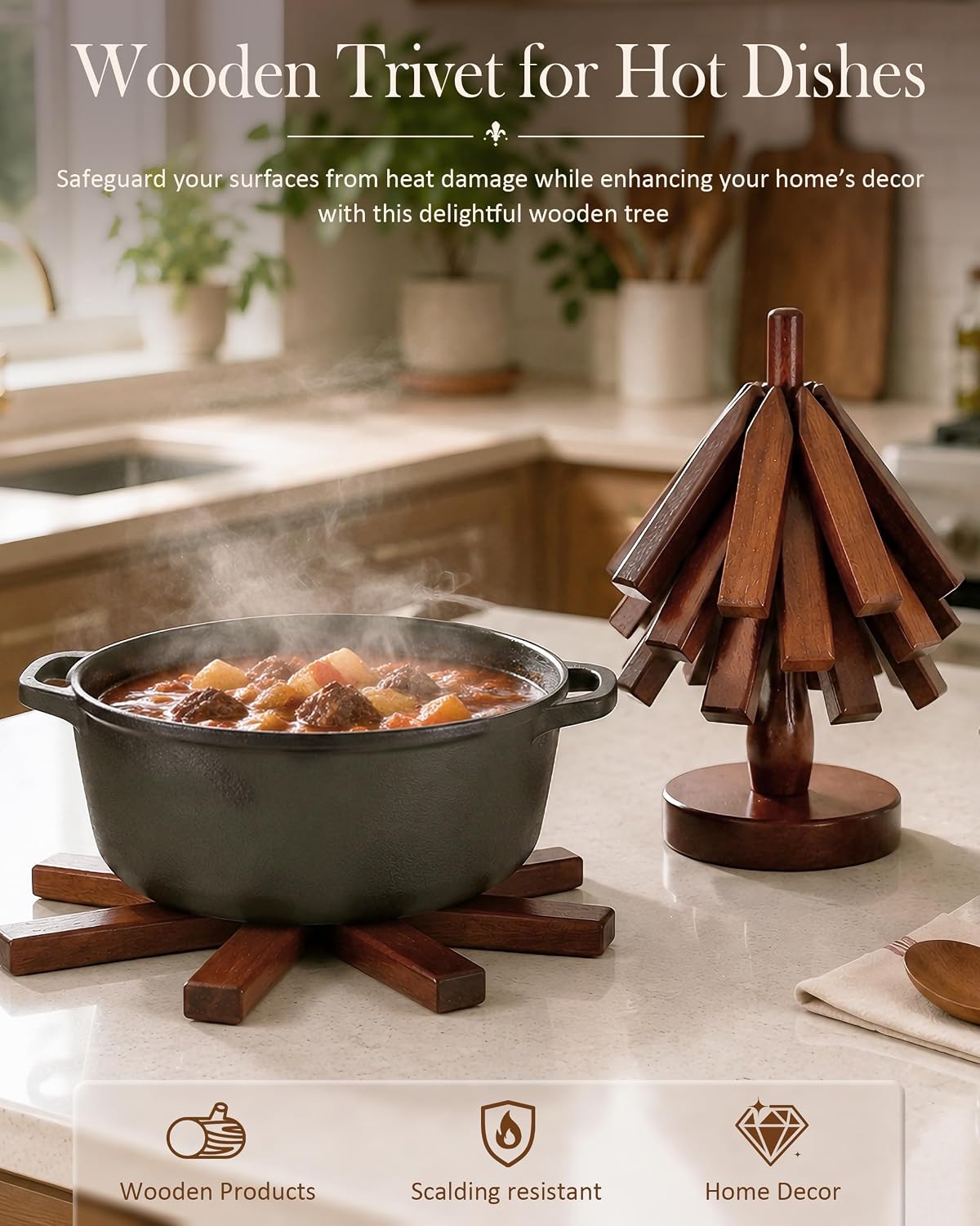 Wooden Blossom Hot Pads, Stackable Christmas Tree Trivet Organizer - Image 2