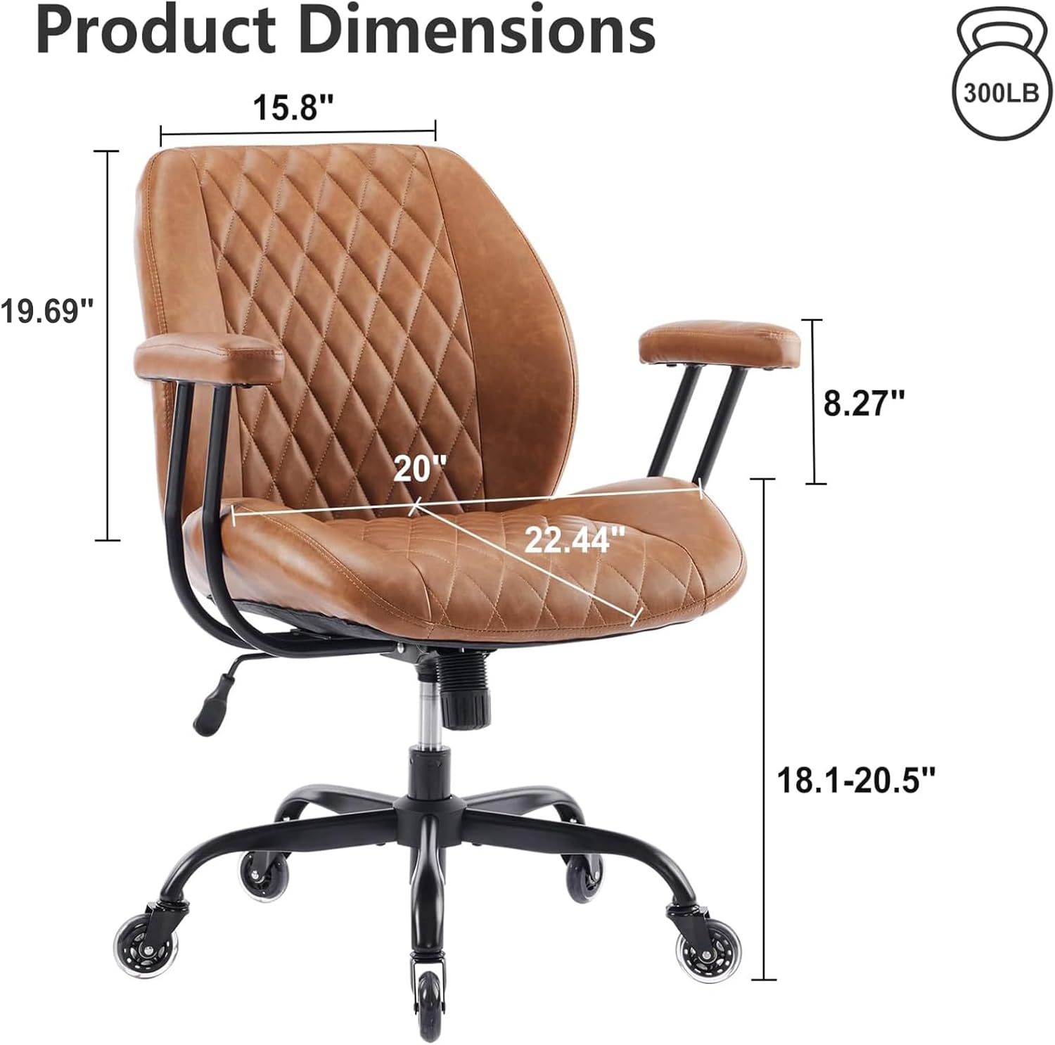 Brown Leather Ergonomic Office Chair with Lumbar, Adjustable Height, Swivel - Image 2