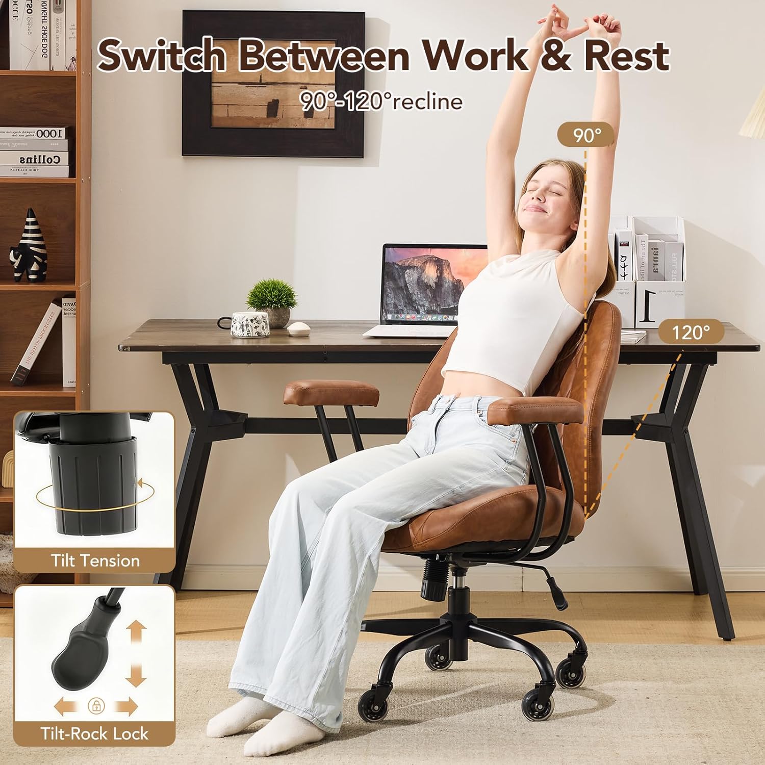 Brown Leather Ergonomic Office Chair with Lumbar, Adjustable Height, Swivel - Image 3