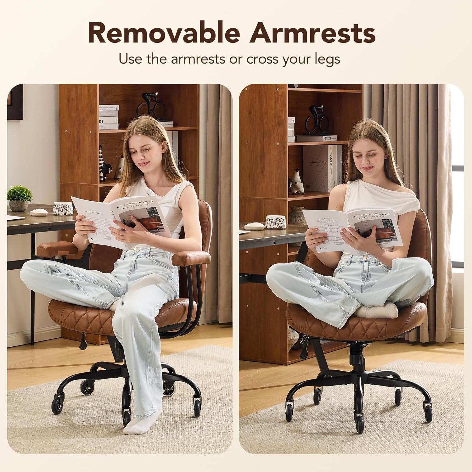 Brown Leather Ergonomic Office Chair with Lumbar, Adjustable Height, Swivel - Image 6