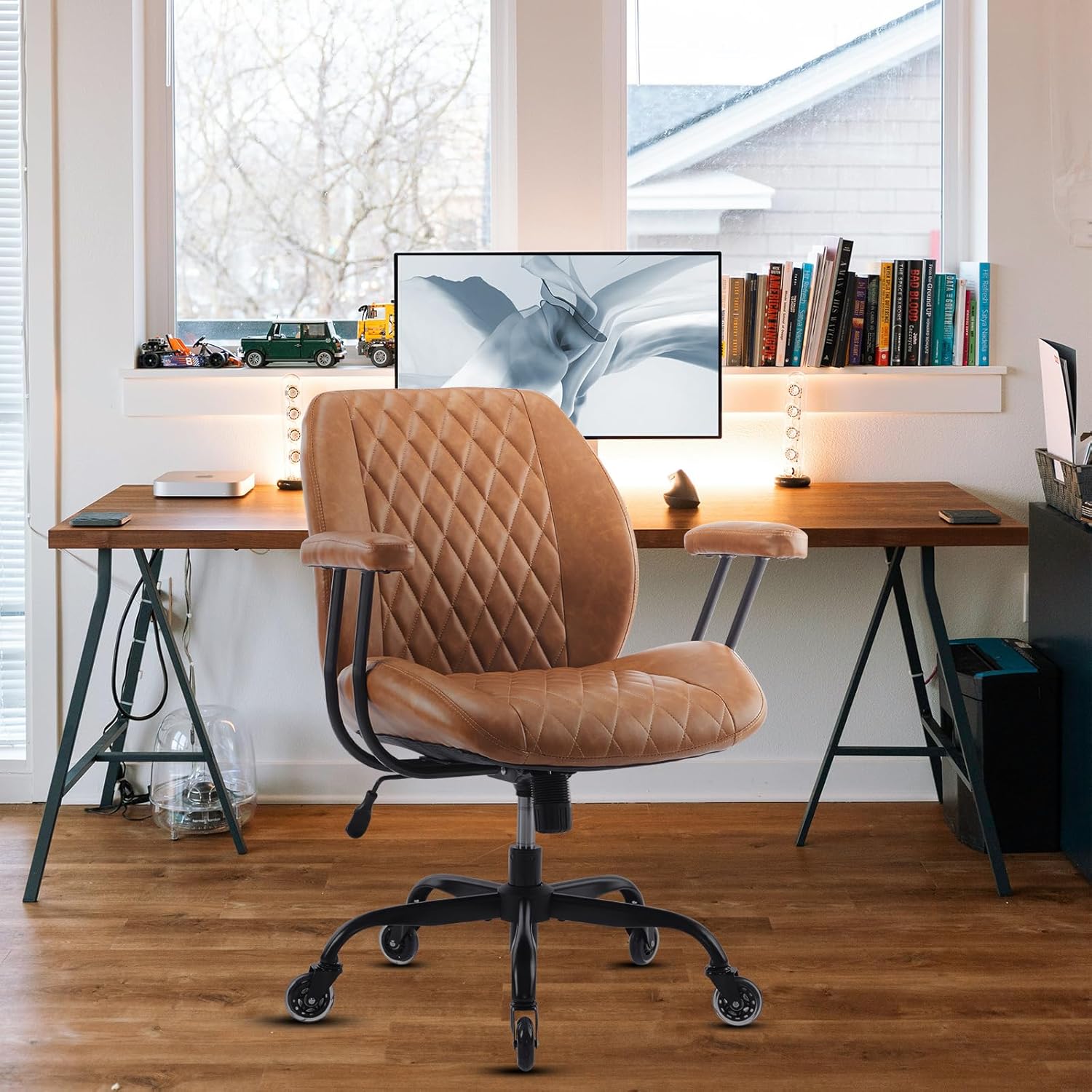 Brown Leather Ergonomic Office Chair with Lumbar, Adjustable Height, Swivel - Image 7
