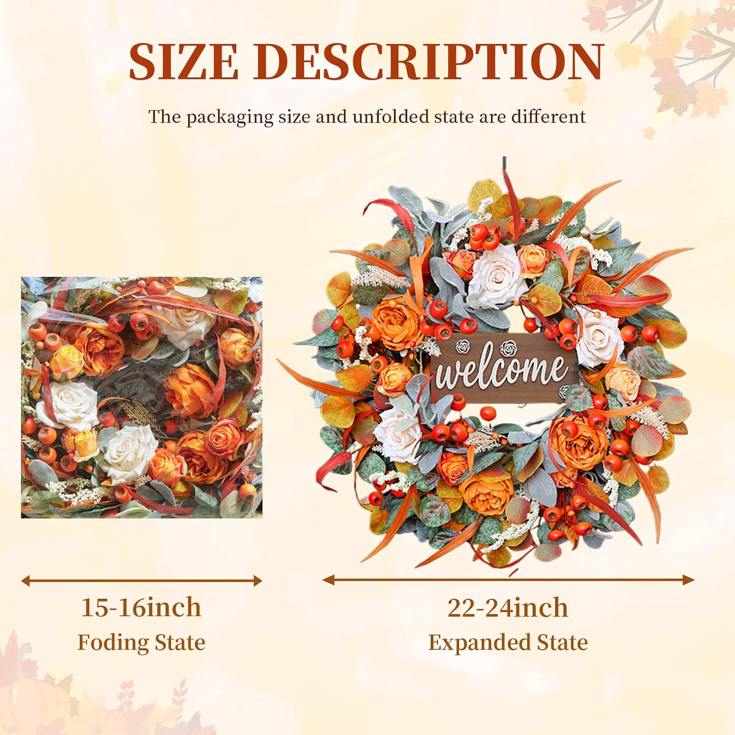 24" Fall Front Door Wreath: Lamb's Ear, Roses, Berries & Wooden Sign. - Image 3