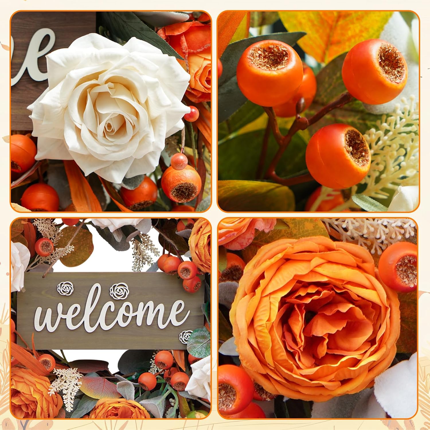 24" Fall Front Door Wreath: Lamb's Ear, Roses, Berries & Wooden Sign. - Image 4