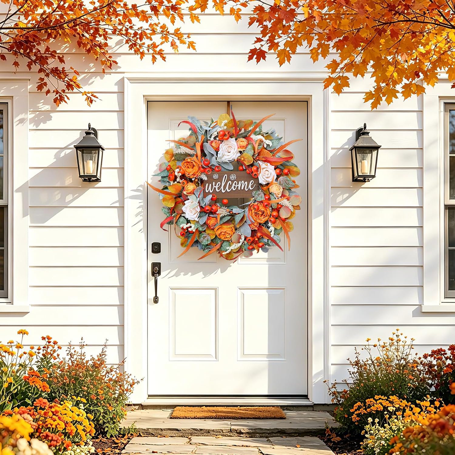24" Fall Front Door Wreath: Lamb's Ear, Roses, Berries & Wooden Sign. - Image 5