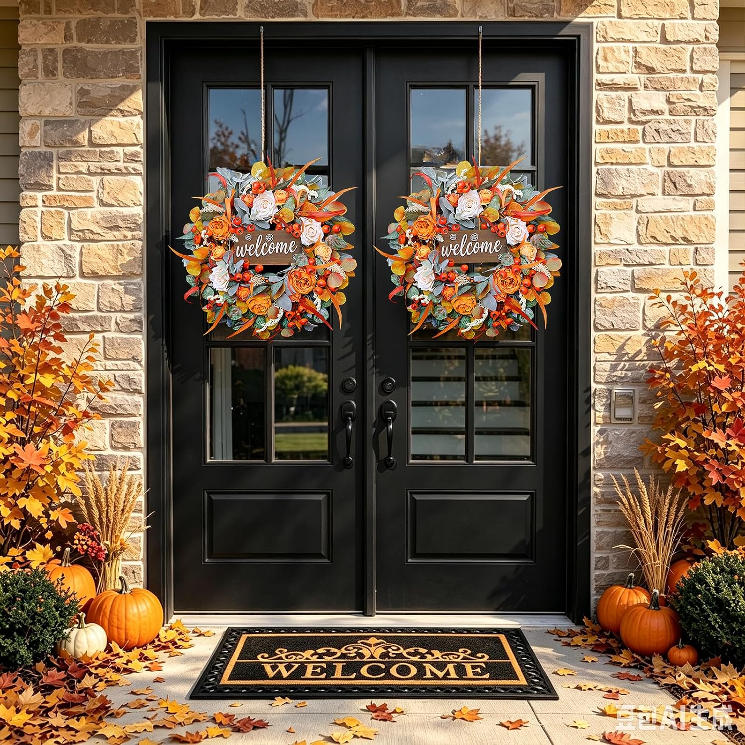 24" Fall Front Door Wreath: Lamb's Ear, Roses, Berries & Wooden Sign. - Image 6