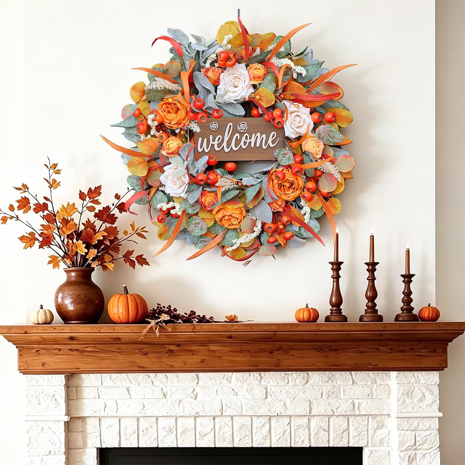 24" Fall Front Door Wreath: Lamb's Ear, Roses, Berries & Wooden Sign. - Image 7