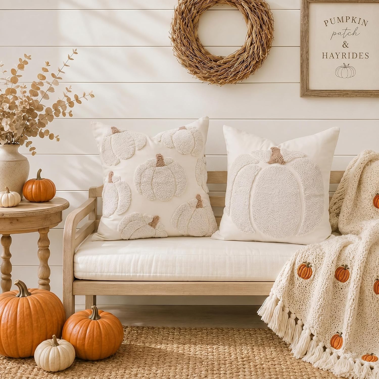 <p><strong>Fall Farmhouse Tufted Pumpkin Pillow Covers, Beige 18x18 (Set of 2)</strong></p> - Image 3