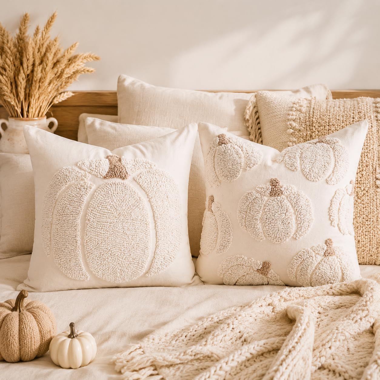 <p><strong>Fall Farmhouse Tufted Pumpkin Pillow Covers, Beige 18x18 (Set of 2)</strong></p> - Image 4
