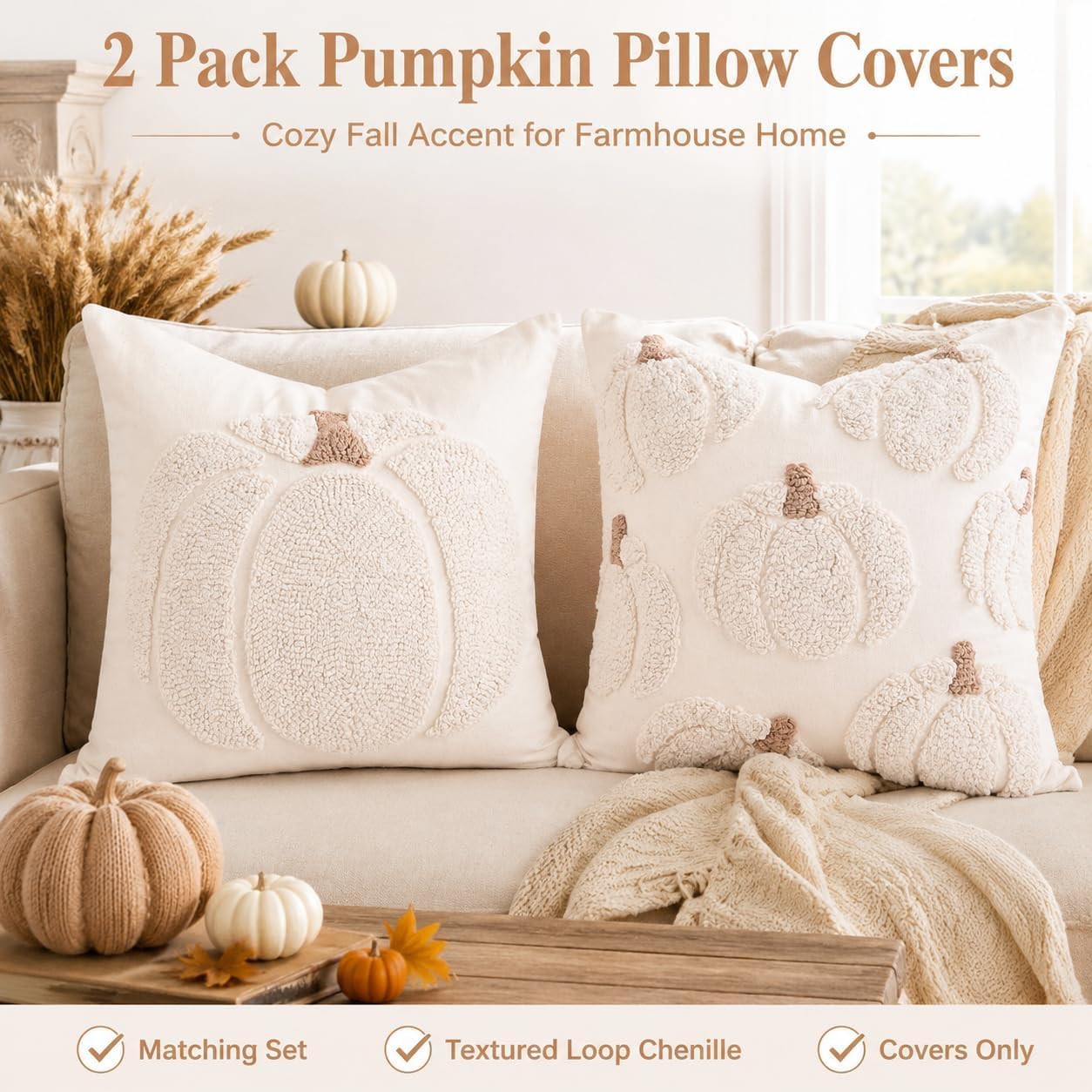 <p><strong>Fall Farmhouse Tufted Pumpkin Pillow Covers, Beige 18x18 (Set of 2)</strong></p> - Image 7