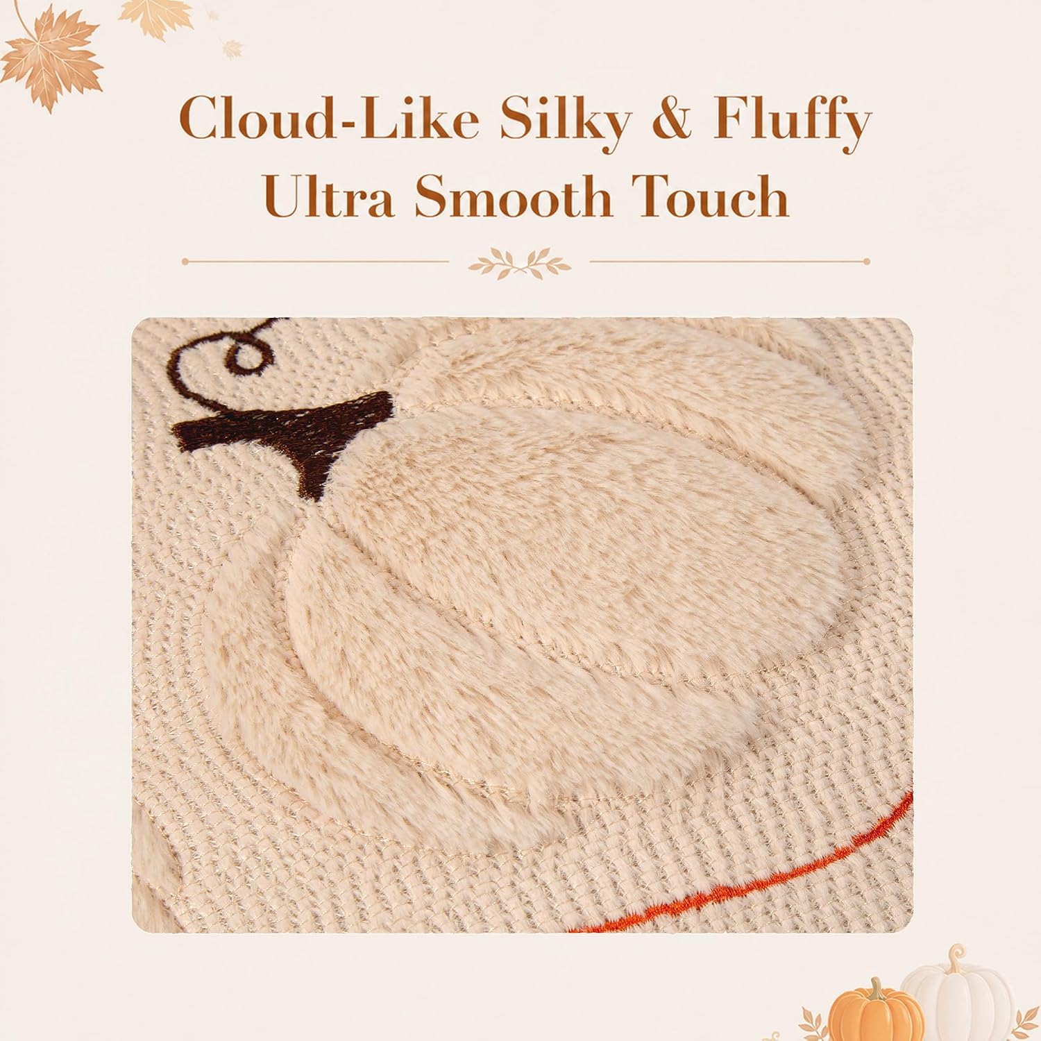 Soft Faux Fur Fall Pumpkin Throw Pillow Covers 18x18 - Beige, Set of 2 - Image 3