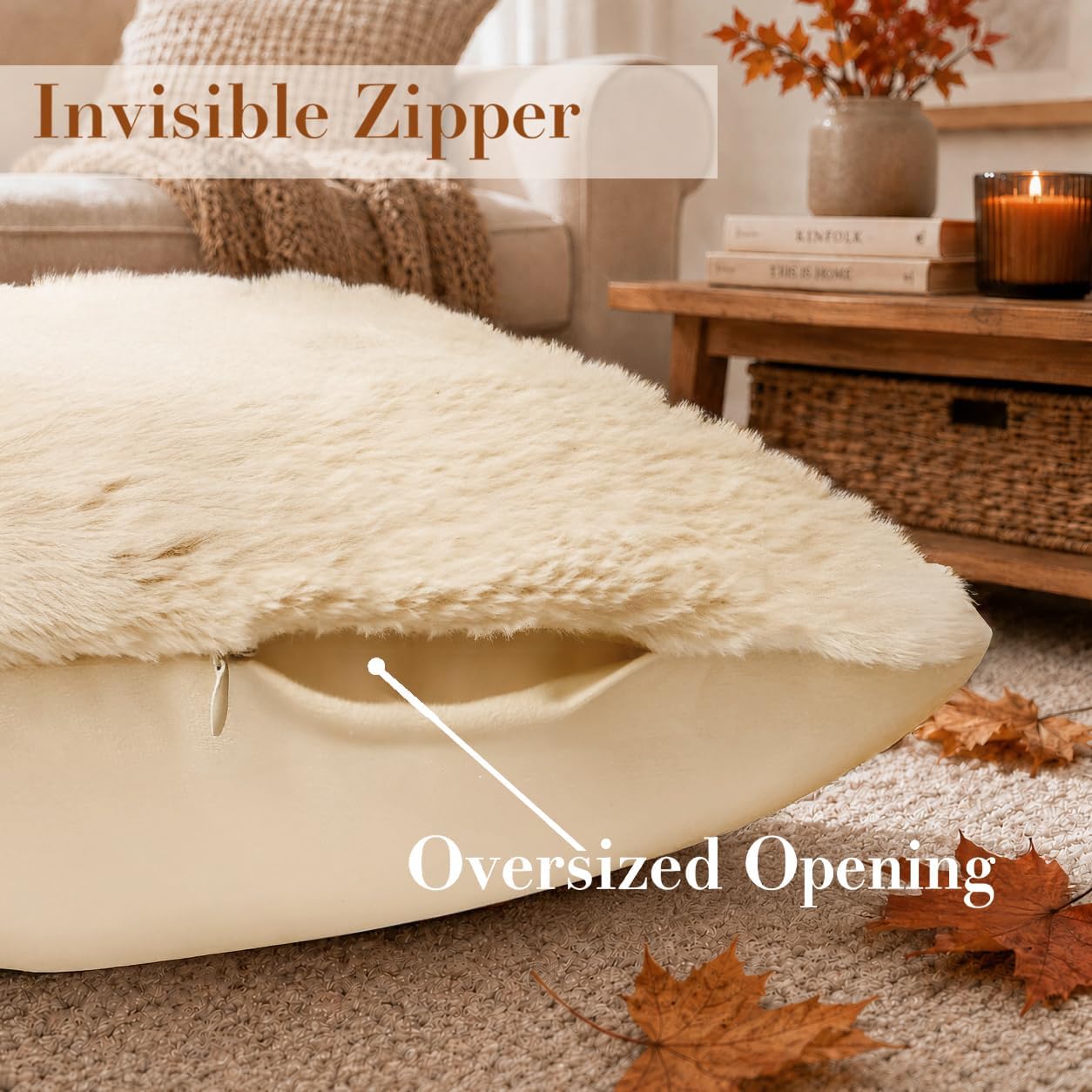 Soft Faux Fur Fall Pumpkin Throw Pillow Covers 18x18 - Beige, Set of 2 - Image 4