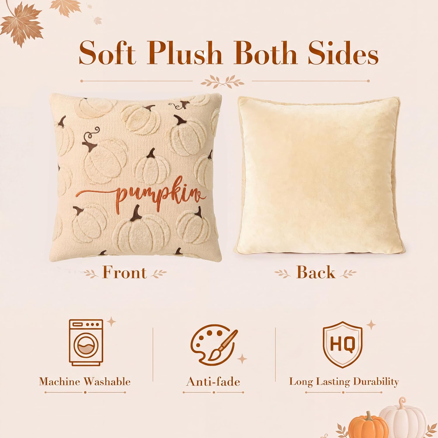 Soft Faux Fur Fall Pumpkin Throw Pillow Covers 18x18 - Beige, Set of 2 - Image 5