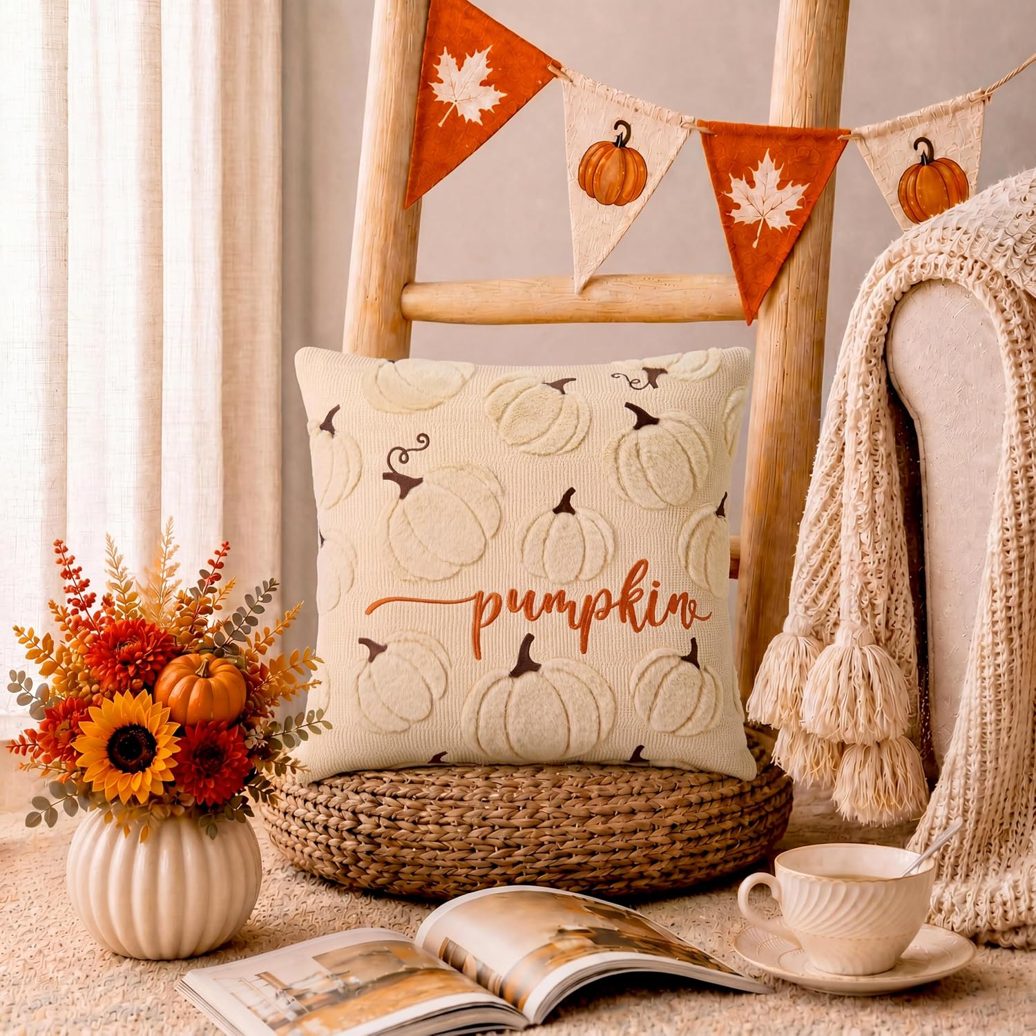 Soft Faux Fur Fall Pumpkin Throw Pillow Covers 18x18 - Beige, Set of 2 - Image 6