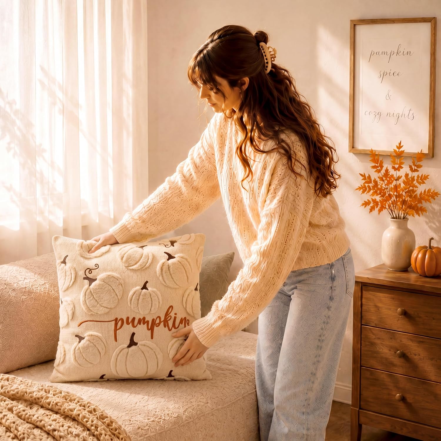 Soft Faux Fur Fall Pumpkin Throw Pillow Covers 18x18 - Beige, Set of 2 - Image 7
