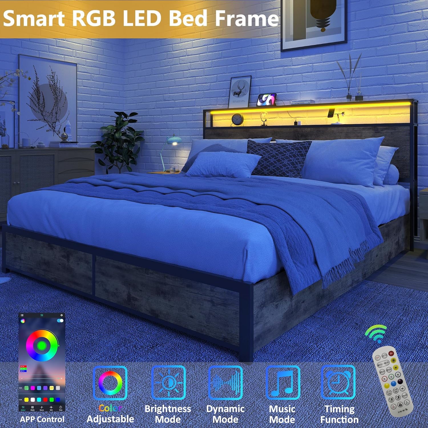 Lifezone Queen Platform Bed Review: Vintage Brown, Storage, Charging, LED, No Box Spring - Image 4