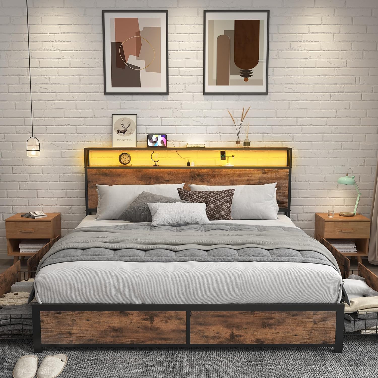 Lifezone Queen Platform Bed Review: Vintage Brown, Storage, Charging, LED, No Box Spring - Image 6
