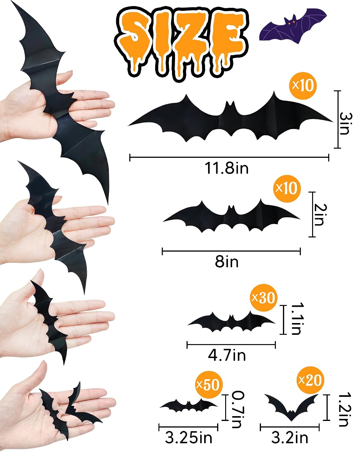 120 Pcs 3D Halloween Bat Wall Stickers, 5 Sizes - Spooky Home & Party Decor - Image 5