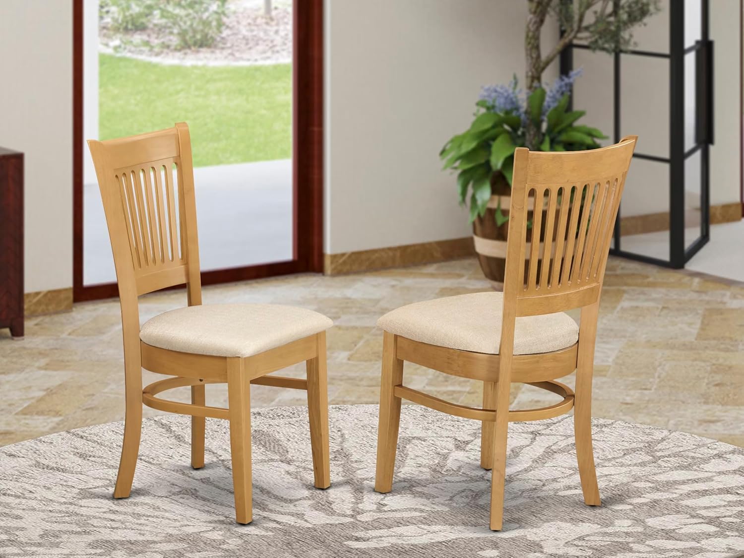 Linen Upholstered Oak Wood Dining Chairs - Set of 2 - Image 2