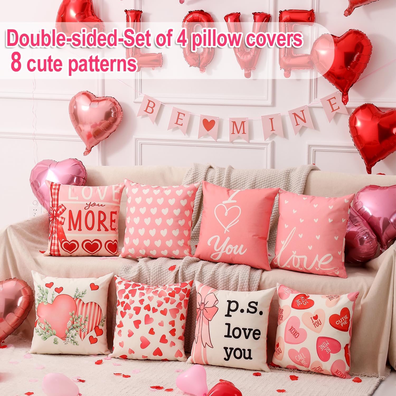 Valentine's Day Decor Kit: 4 Reversible 18" Pillow Covers, Balloons & Stickers. - Image 4