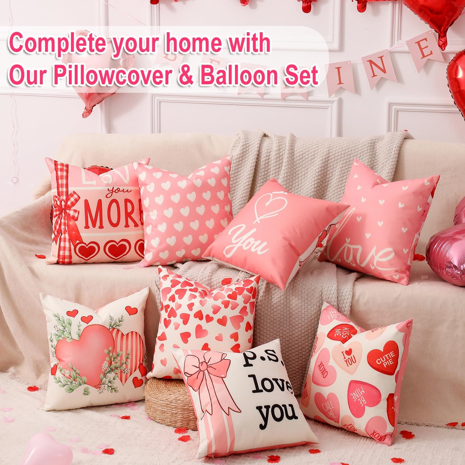 Valentine's Day Decor Kit: 4 Reversible 18" Pillow Covers, Balloons & Stickers. - Image 5